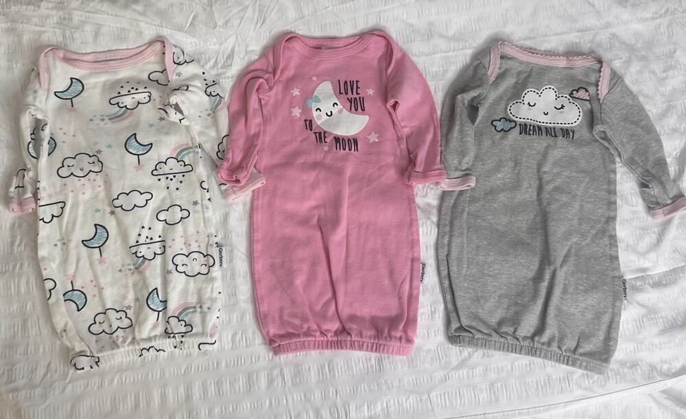 Gerber Preemie Baby Girl Sleep Gowns with Mittens Moon Clouds Lot of 3